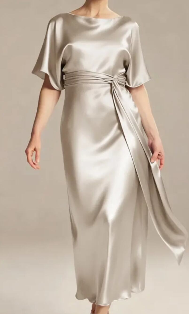 AW BRIDAL sz 4 S champagne crystal satin Romula formal midi dress NEW B54